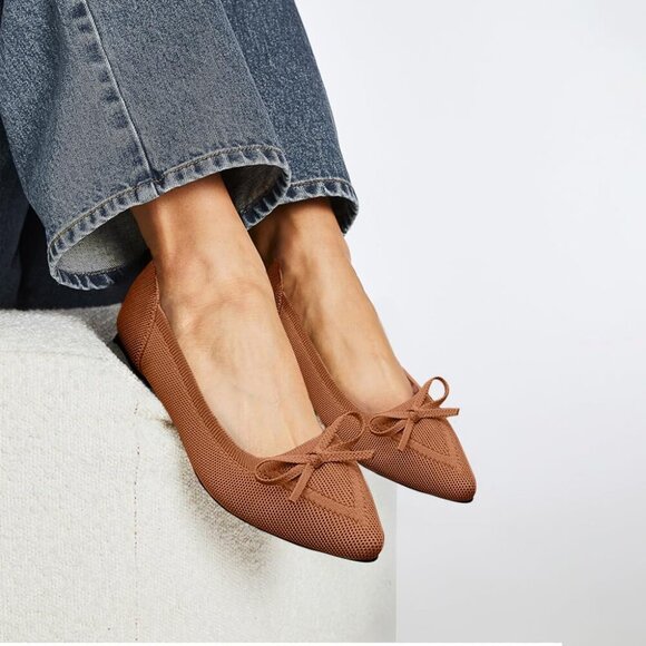 🆕Women Brown Knit Flats Pointed Toe Bow Ballet Shoes Comfortable Dressy Slip On - Picture 6 of 6